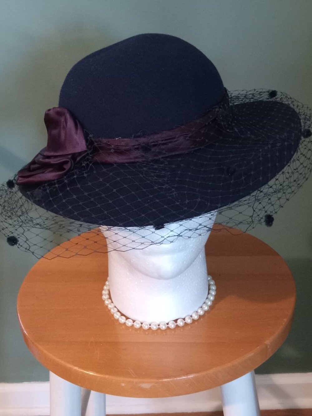 Church Hat in Navy Blue Wool w/optional Veil by Michael Howard "georgi"- NWOT?